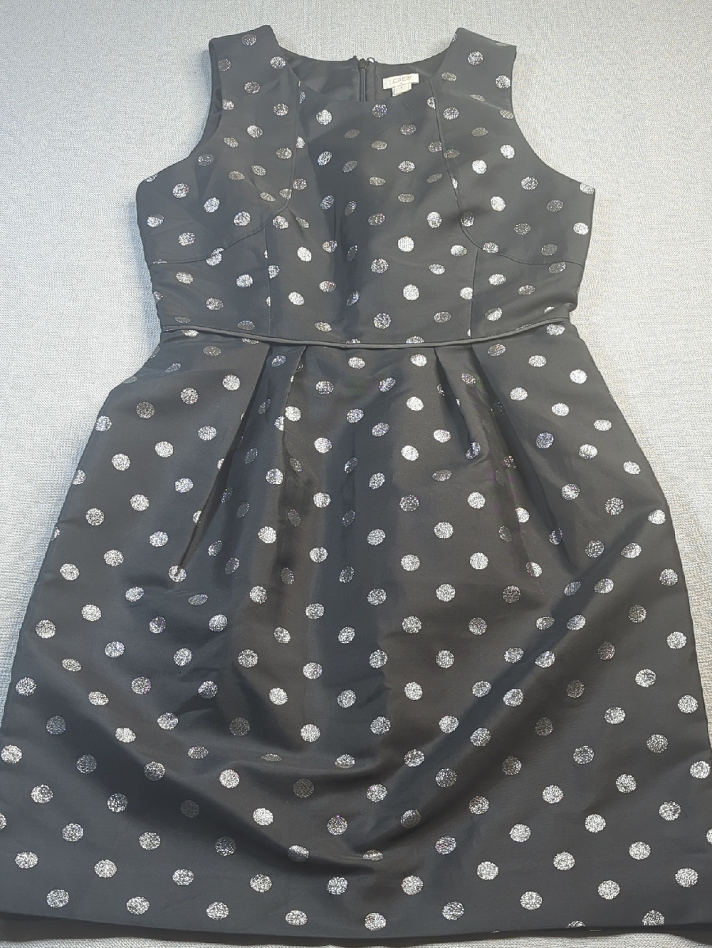 J.Crew Black‎ A-Line Dress Silver Metallic Polka Dot Sleeveless Fit & Flare Size